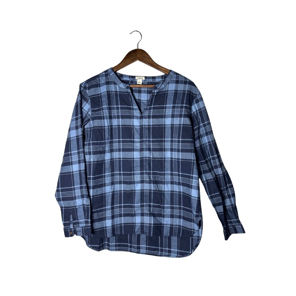 LL Bean Womens Blue Plaid Flannel Tunic Shirt Split Neck Cotton Small Cabincore